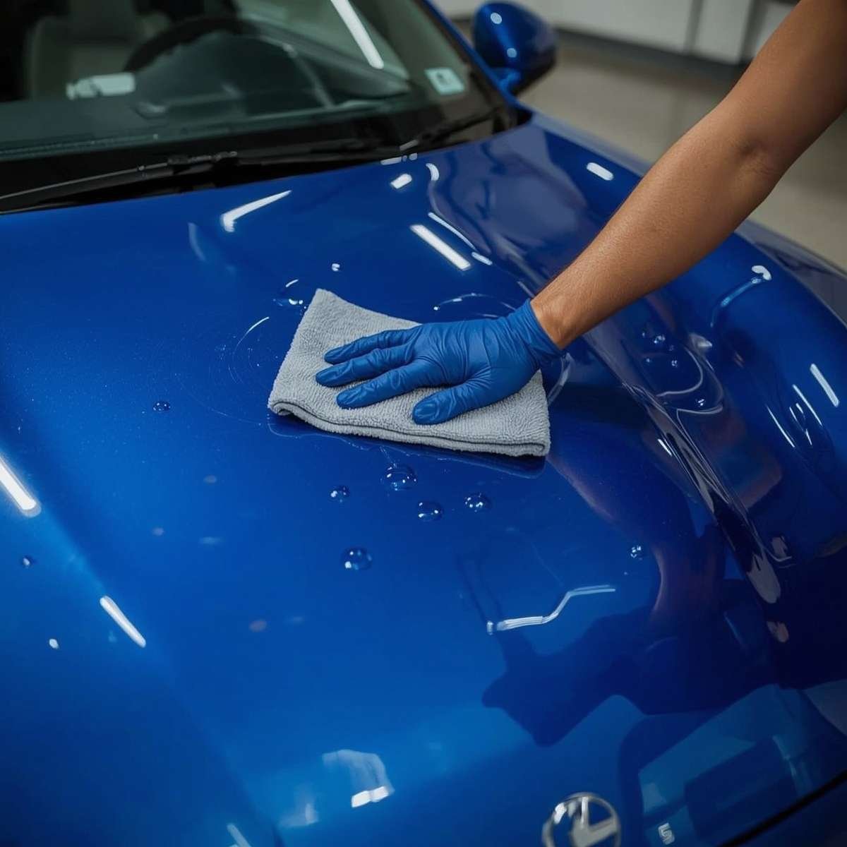 Drying car exterior after washing with Luminova shampoo 