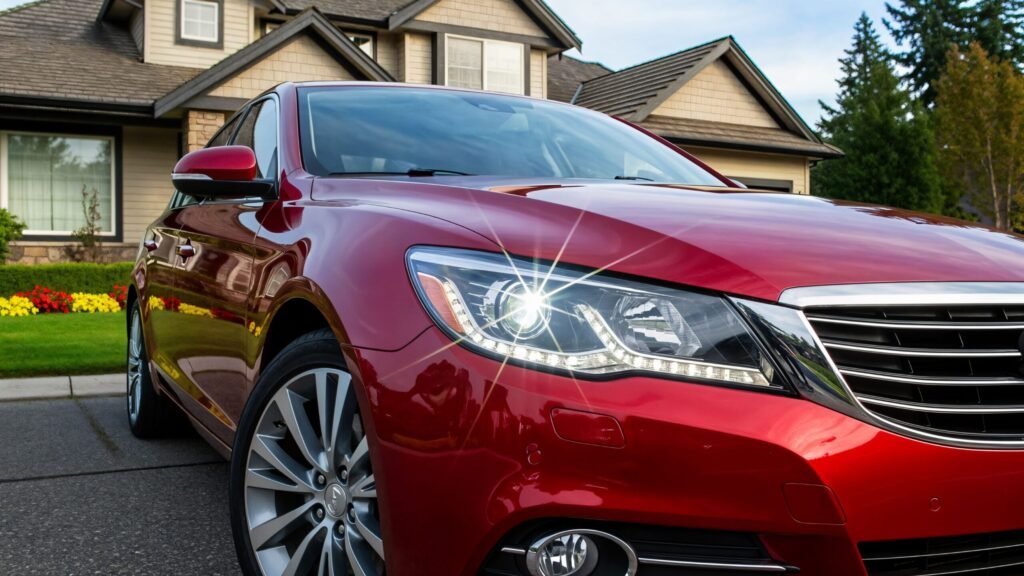 red car with sparkling headlights