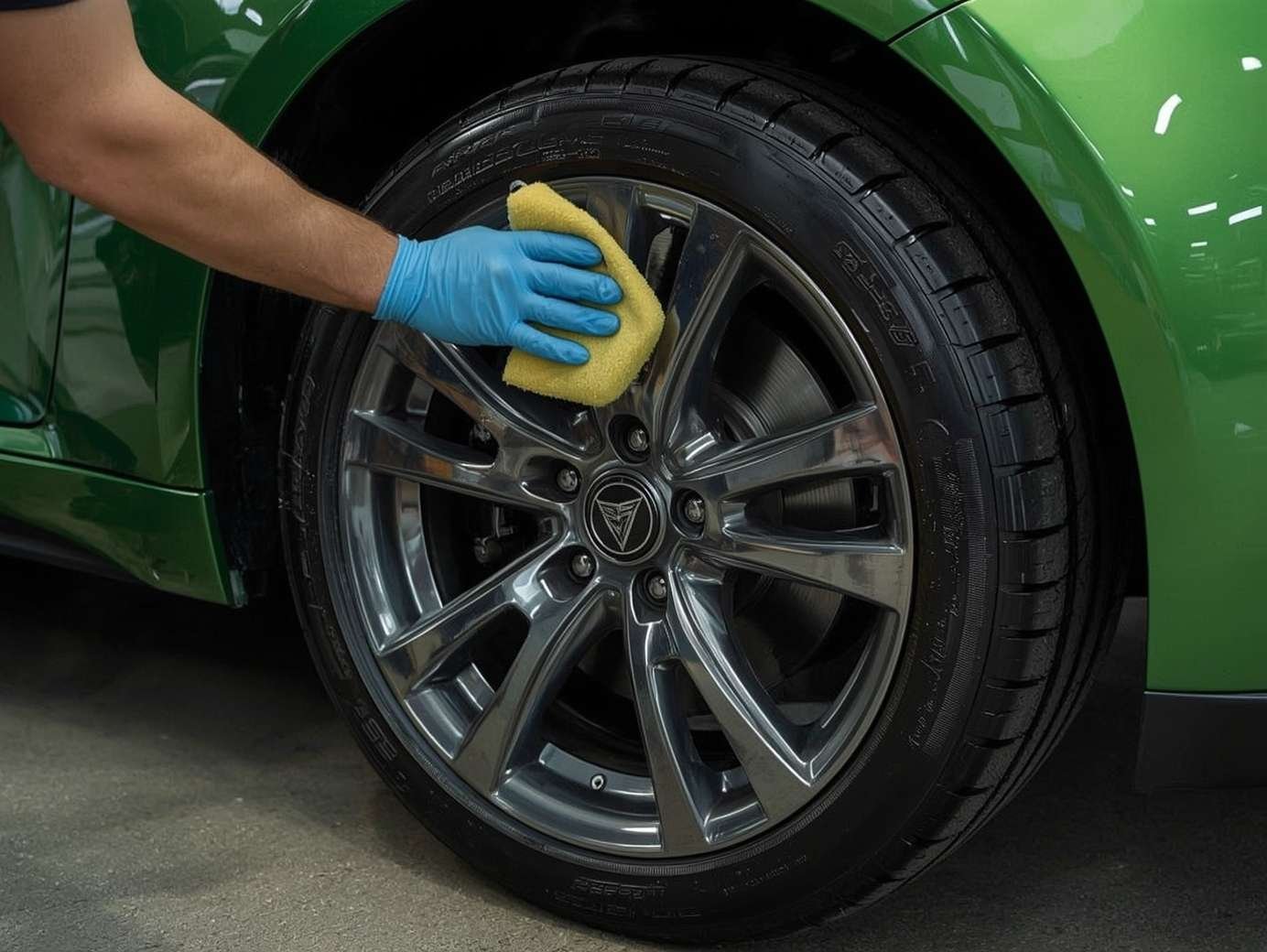 A man cleaning and polishing wheels and tyres by Luminova products